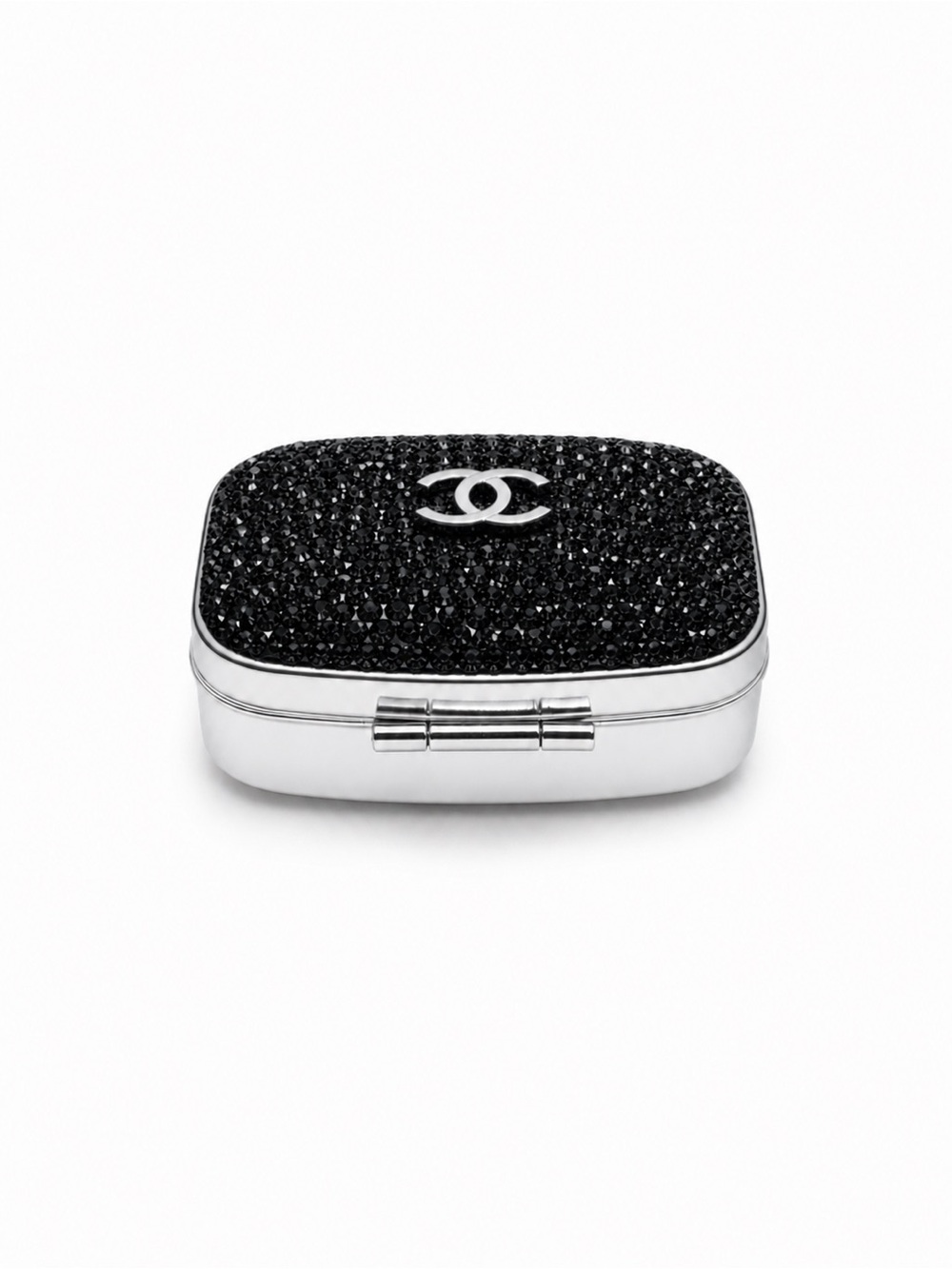 Chanel Black Crystal CC Travel Pill Case Silver Compact with Box - Picture 4 of 7